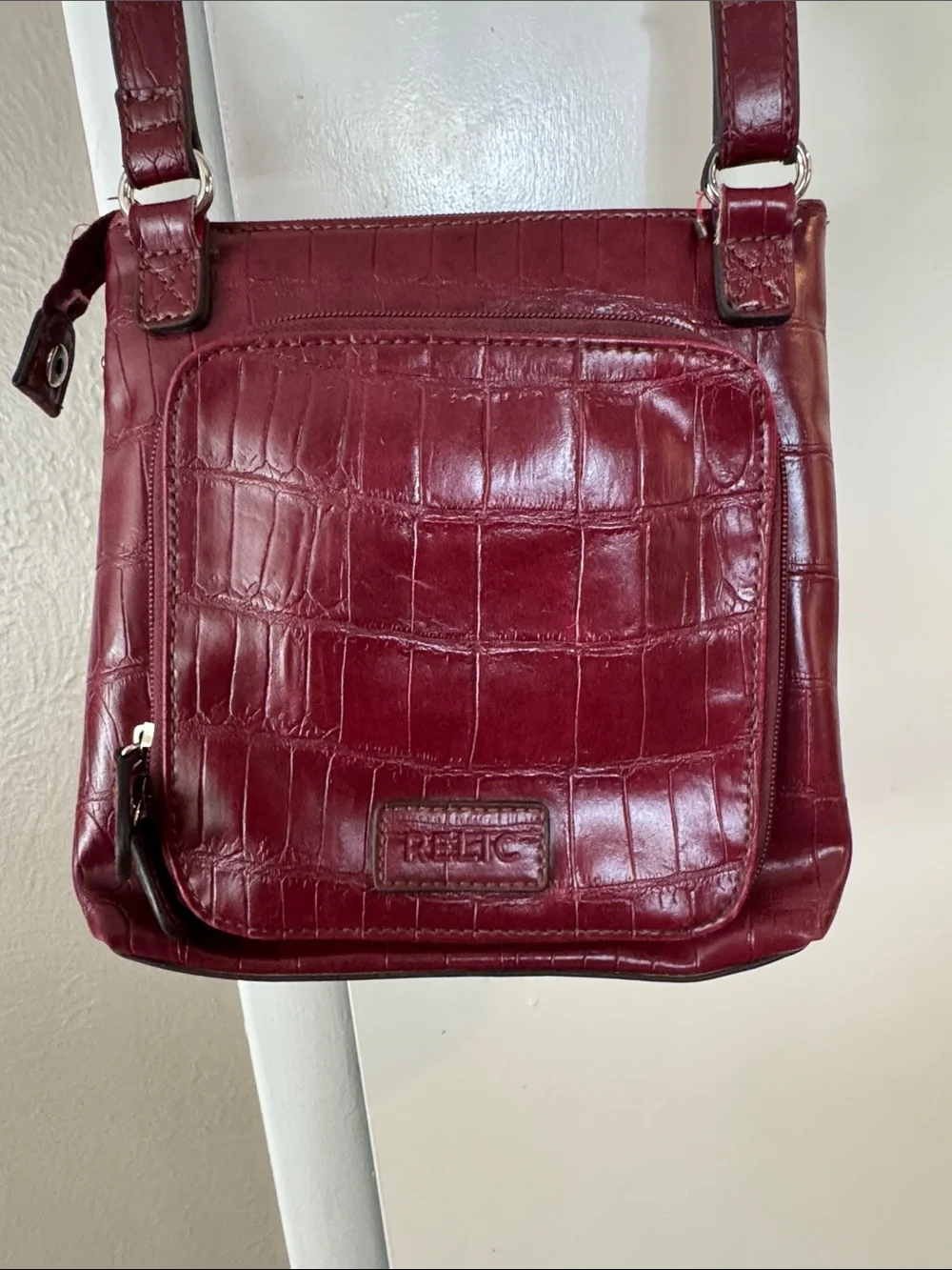 Relic Burgundy Croc-Embossed Crossbody Bag